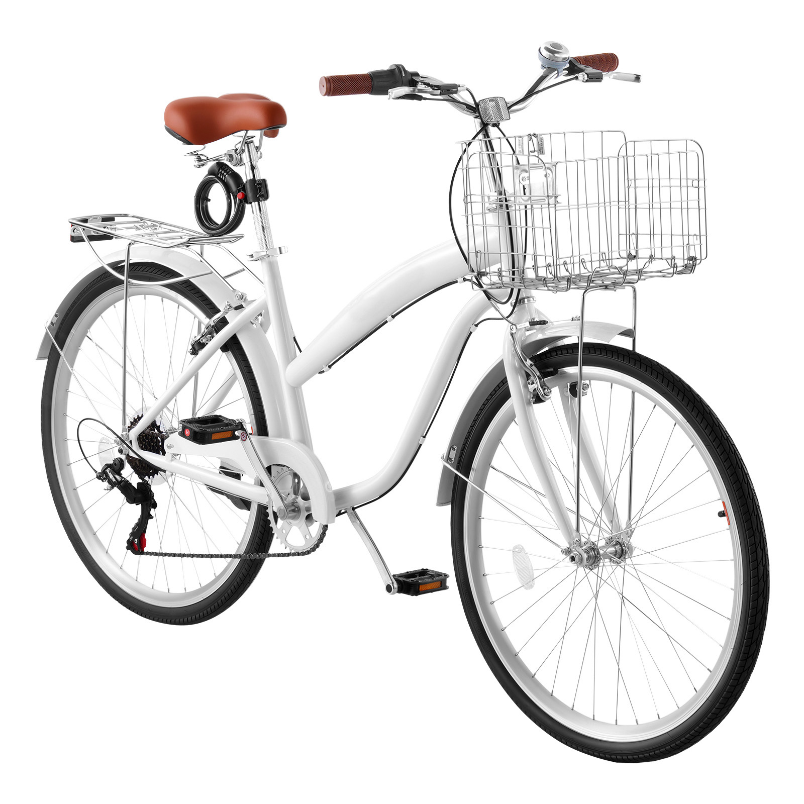 Main product image of 26-inch 7-Speed Beach Cruiser Bicycle, Carbon Steel Frame, 330 lb Capacity, White