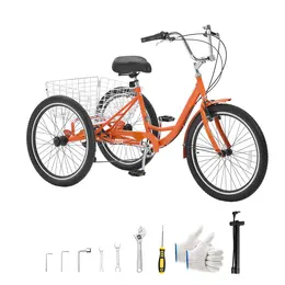 Product image of 24 Inch Adult Tricycle, 7 Speed, Carbon Steel, Cargo Basket, Double-Wall Rims, Red