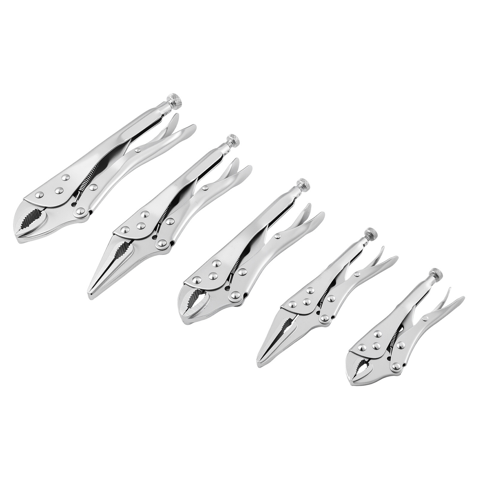 Main product image of 5-Piece Locking Pliers Set, Nickel-Plated Carbon Steel, 5/7/10in Curved, 6.5/9in Long Nose