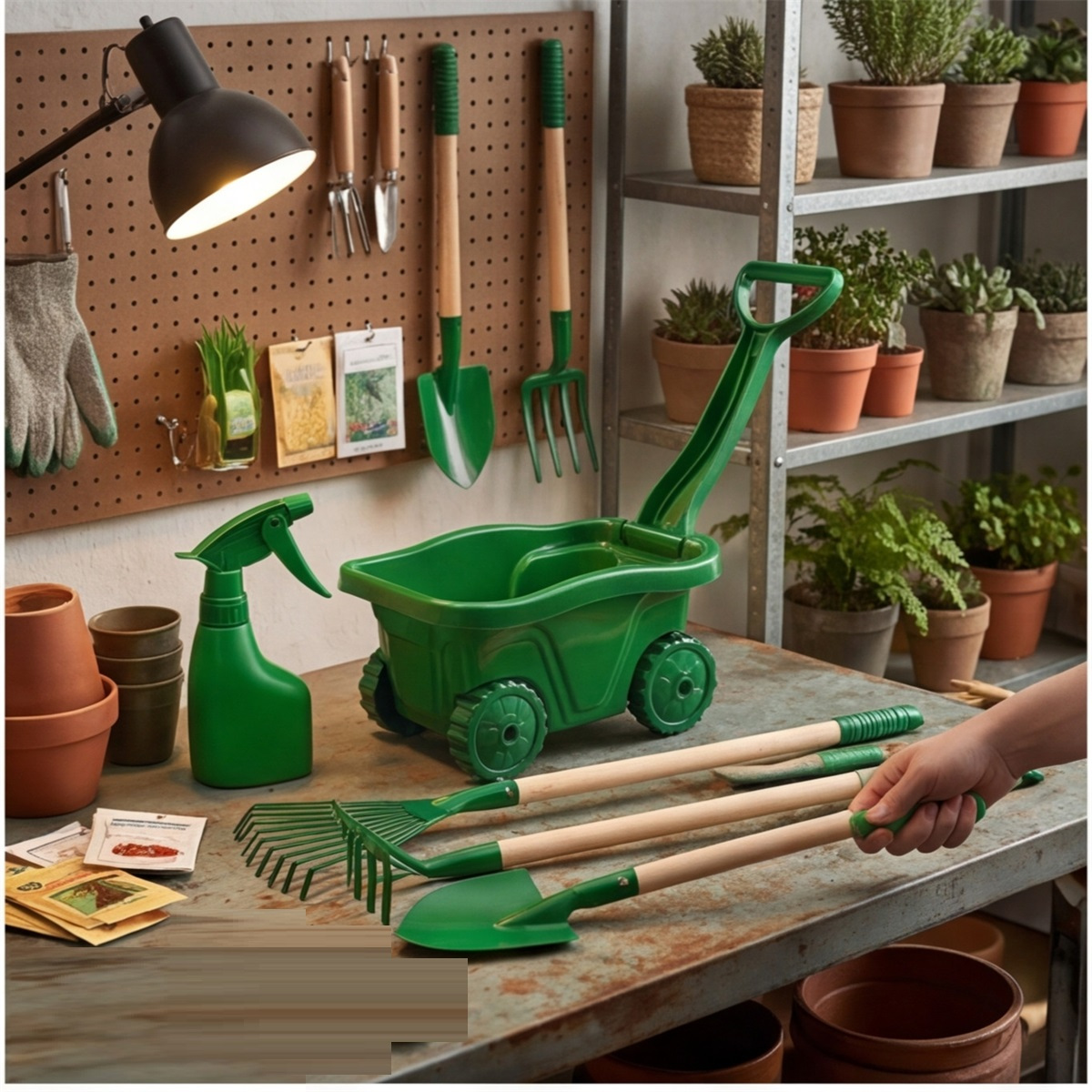 Main product image of 7-Piece Green Garden Tool Set with Wheelbarrow