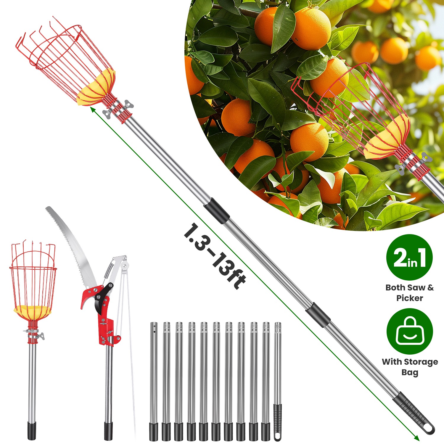 Main product image of 2-in-1 Pole Saw & Fruit Picker, 10.9/14.4ft Extendable Stainless Steel Pole, 65Mn Blade