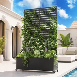 Product image of 73in Metal Louvered Privacy Planter with Wheels and Trellis Screen