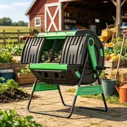Product image of 53 Gal Dual Chamber Tumbling Compost Bin, Outdoor, Adjustable Vents, BPA Free, Green