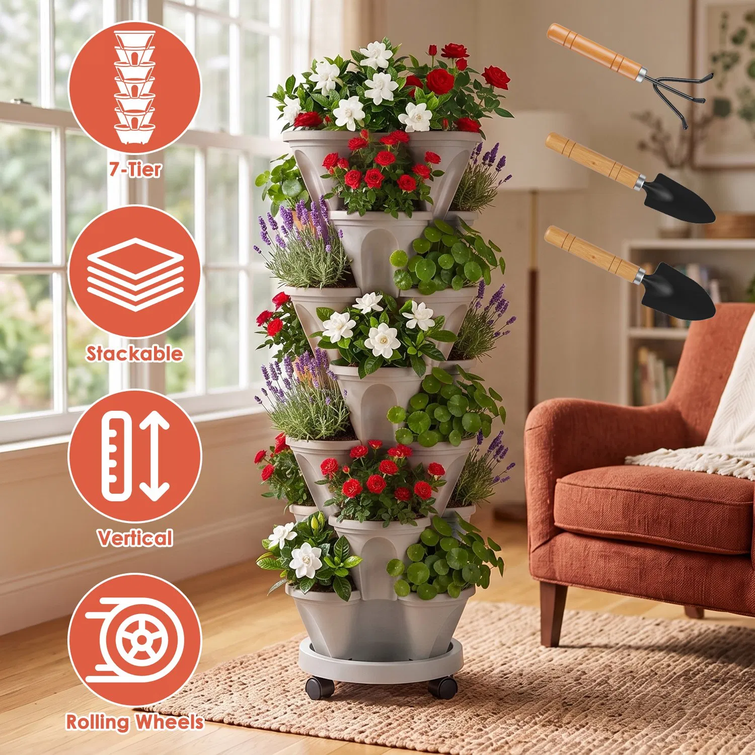 Main product image of 7-Tier Vertical Stackable Planter Tower with Casters and Tool Kit