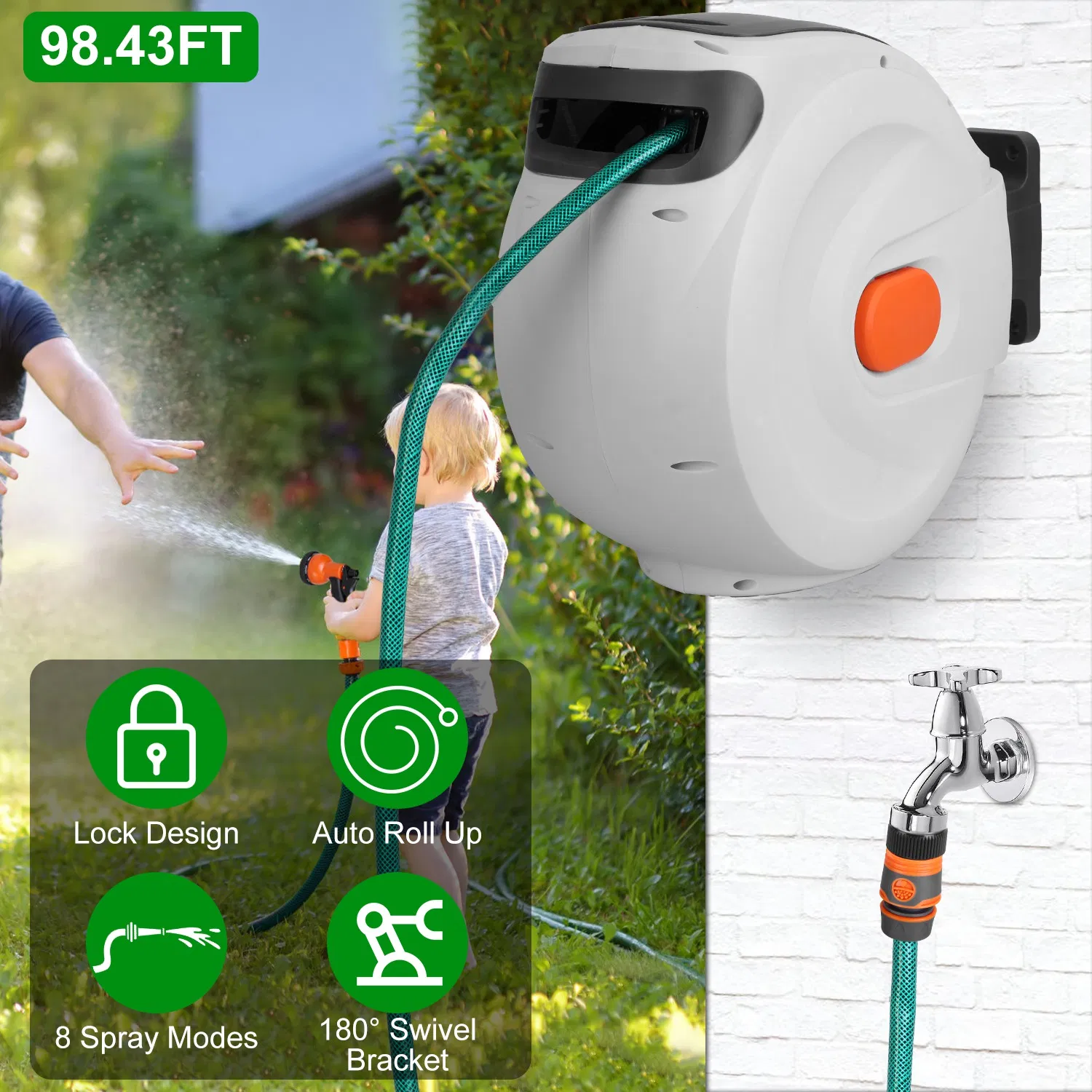 Main product image of Wall-Mounted Retractable Garden Hose Reel, Auto-Lock, 8-Pattern Nozzle, 180° Swivel