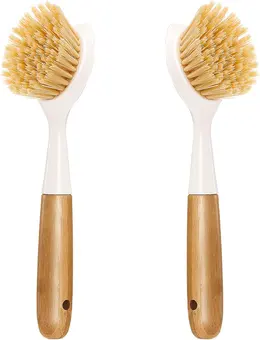 Product image of 2 Pack Bamboo Handle Dish Brushes with Built-In Scraper