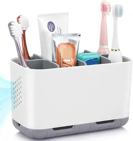 Product image of Gray Countertop Toothbrush and Toothpaste Holder with Adjustable Dividers
