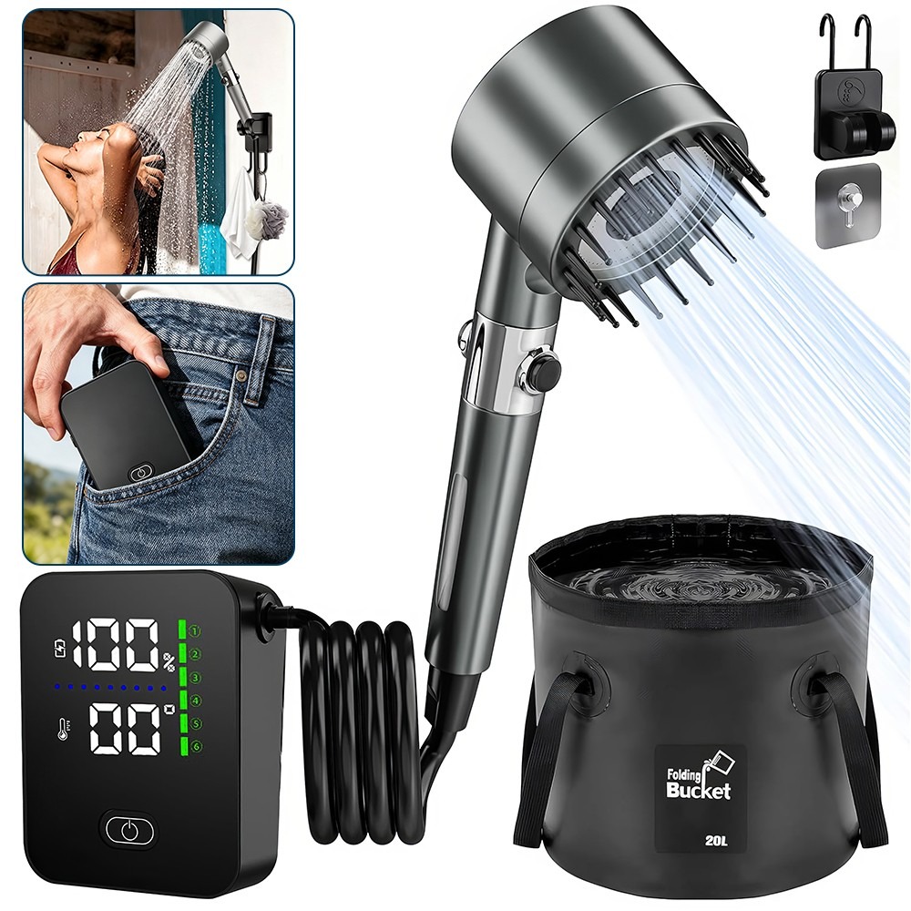 Main product image of Portable USB Rechargeable Shower Pump with 20L Collapsible Bucket