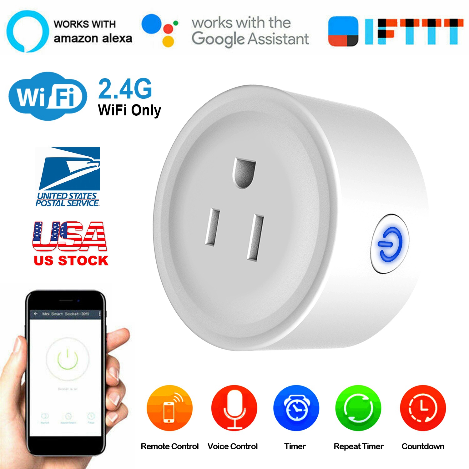 Main product image of Smart Plug Outlet, WiFi, Remote & Voice Control, Timer, Alexa/Google, US