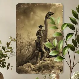 Product image of Metal Tin Sign with Cowboy Riding Dinosaur Design, 8x12 inches