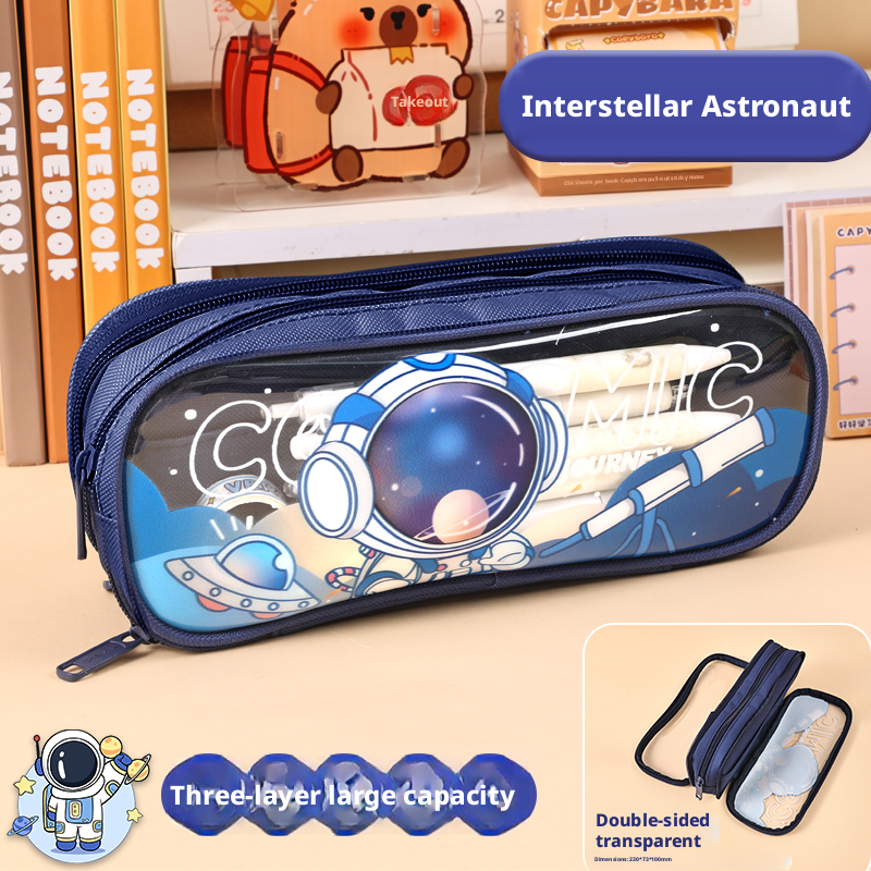 Main product image of Oxford Cloth Pencil Case with Clear Window, Astronaut Design, Navy Blue