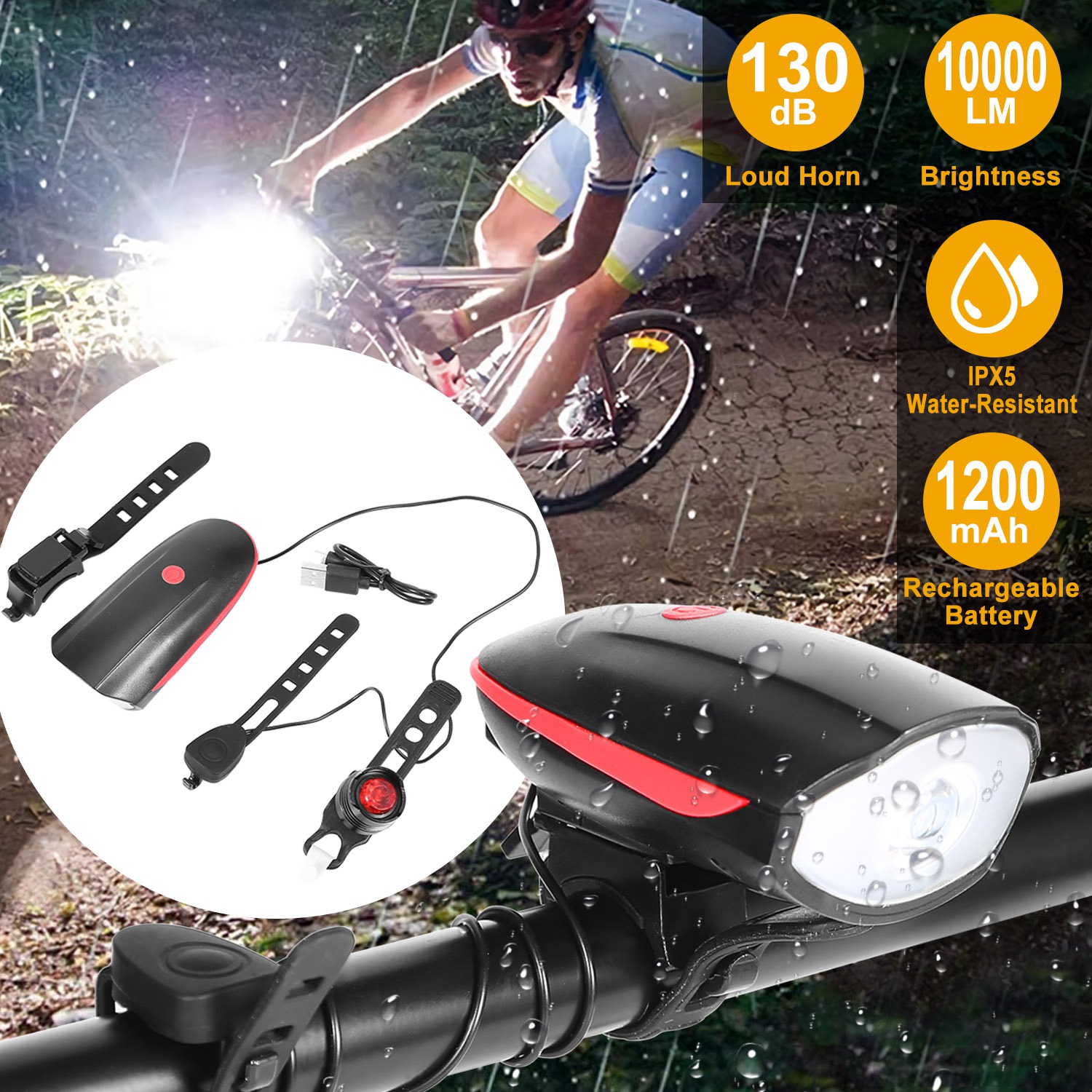 Main product image of LED Bicycle Front & Rear Light Set, USB Rechargeable, 130dB Horn